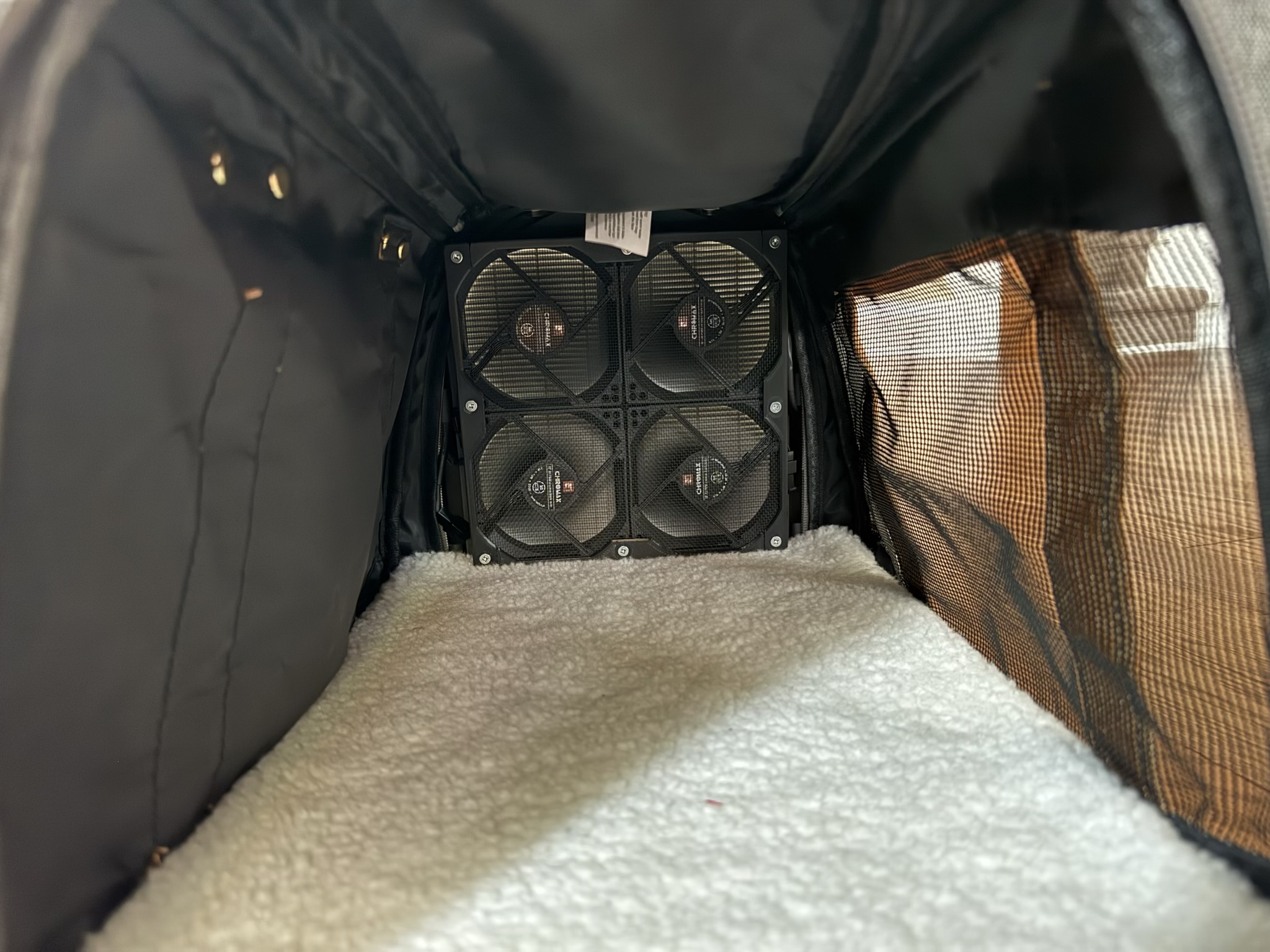 A view from inside the carrier showing the fuzzy bottom, soft side and top, mesh side, and four fans blowing air directly at the camera from the far end.