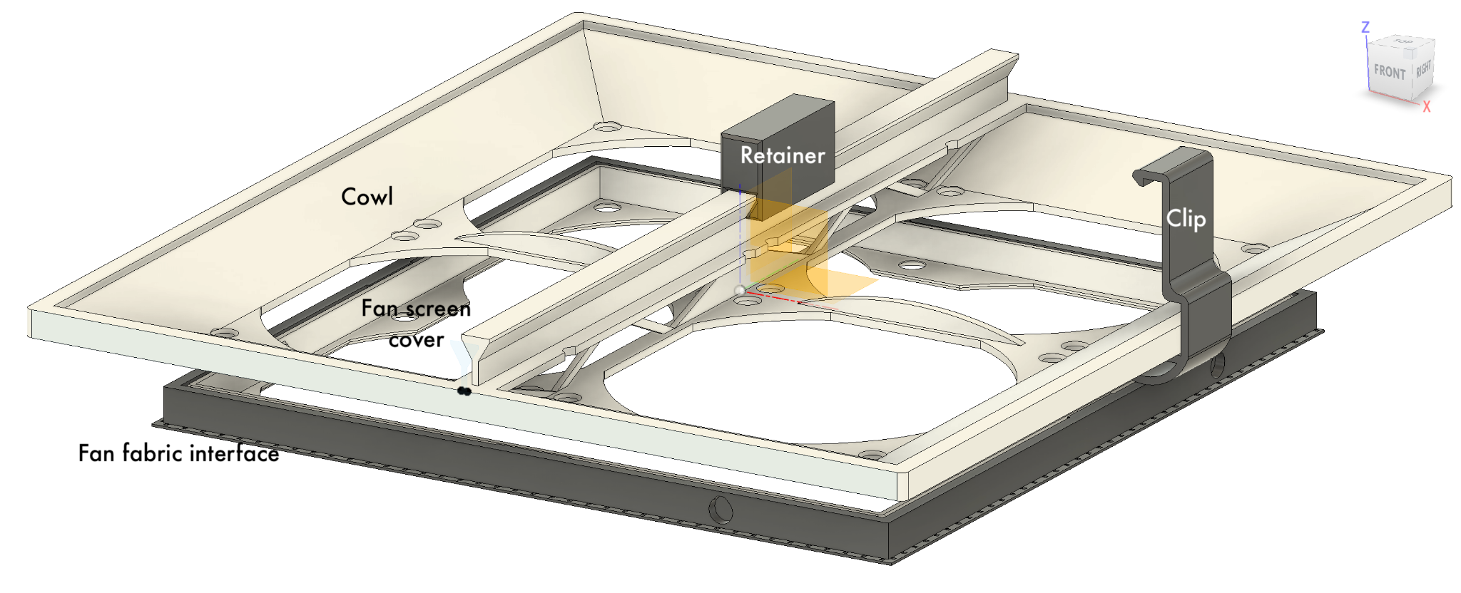 A screenshot from Autodesk Fusion of the 3d printed components of the cat carrier clearly showing how they mechanically interact. The main cowl connects the fans and filters. A central fin with dovetail block 'retainer' hold the filters on at the centre, and longer hooked 'clips' hold the filters on the sides. There are countersunk holes for screws to attach to the fans.