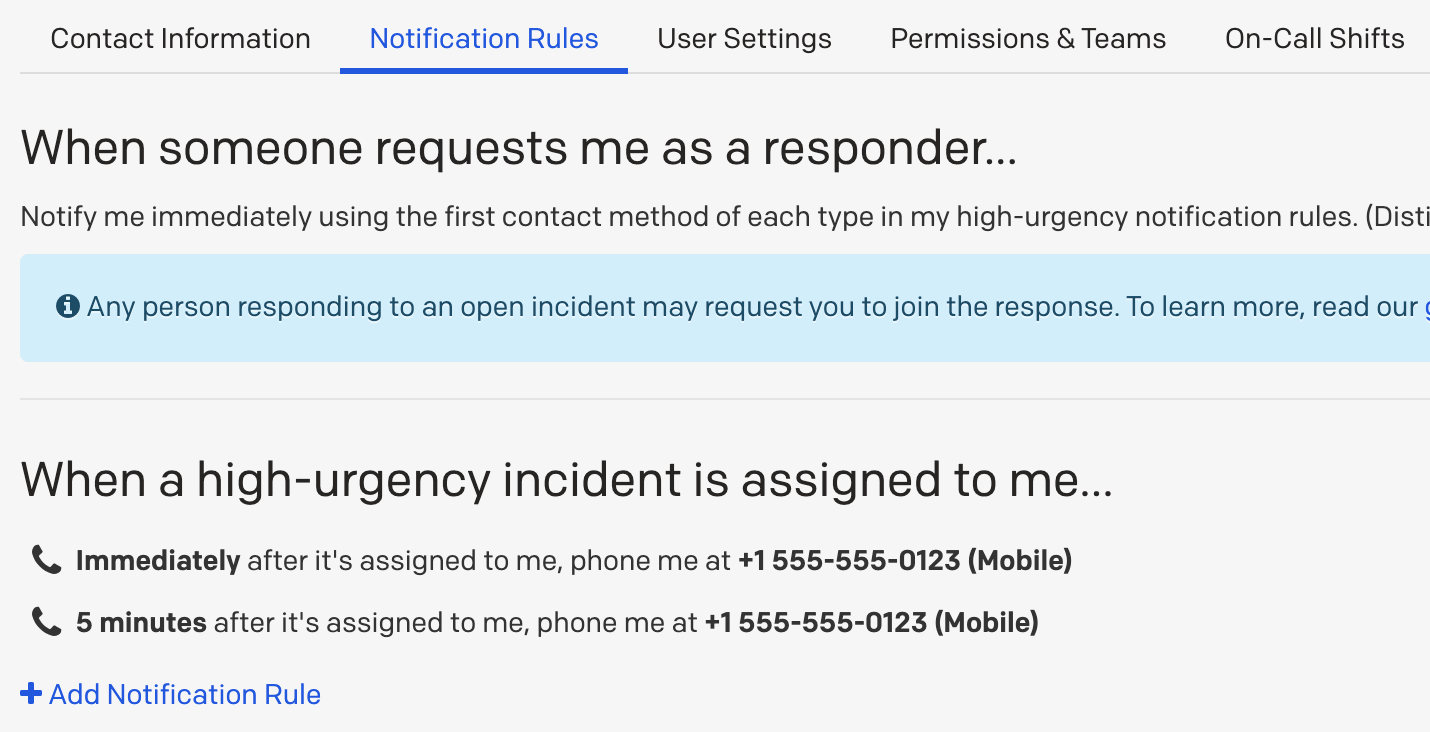 The Notification Rules page in PagerDuty, showing two
                 notification rules to call the configured phone number:
                 'Immediately' and '5 minutes after it's assigned to me'.